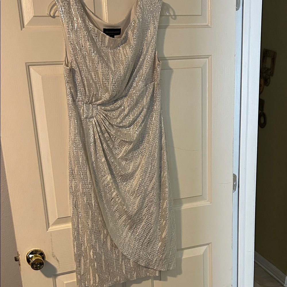 Connected Apparel Shimmering Silver Asymmetrical Dress